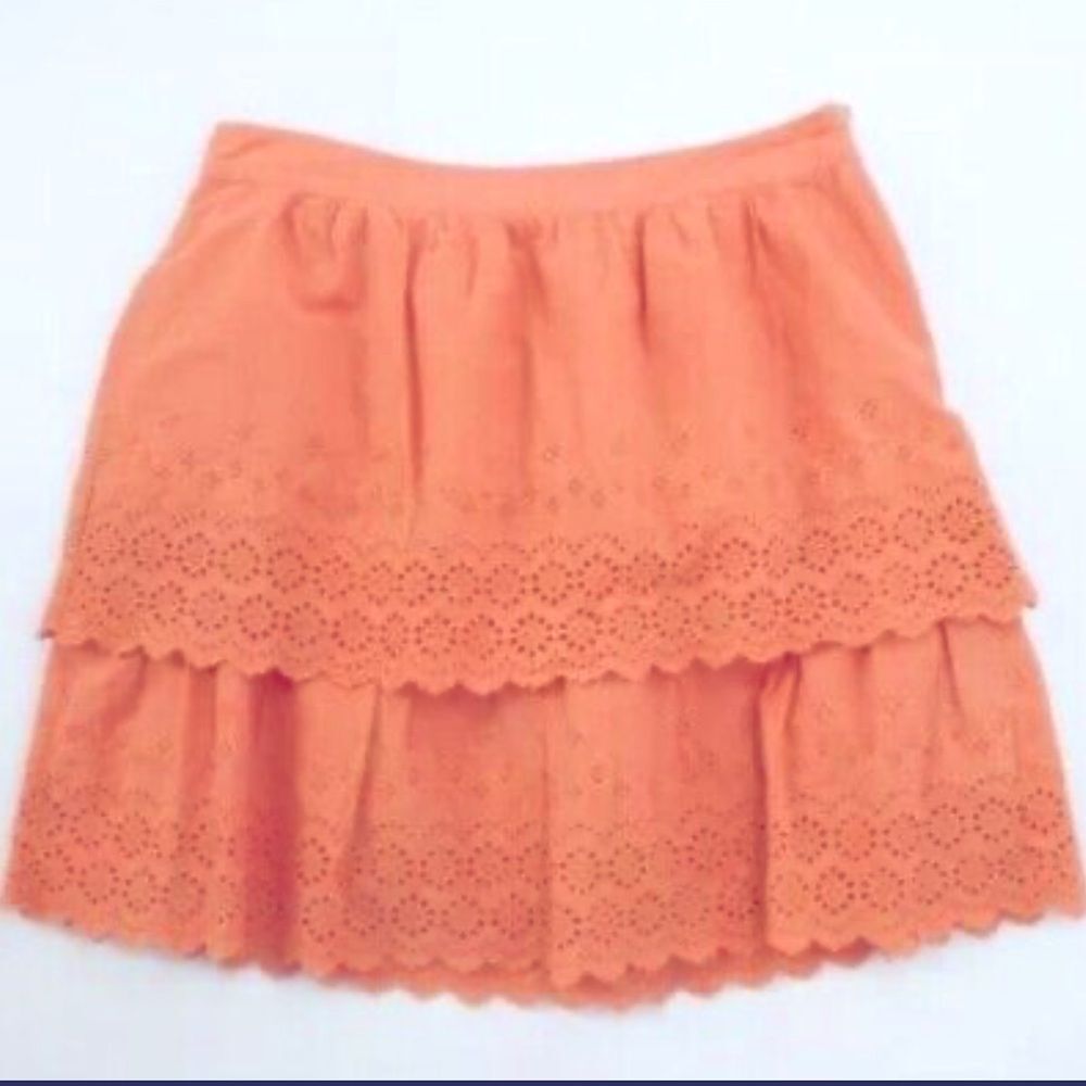 J. Crew Tiered Coral Peach Eyelet Cotton Lined Mini Skirt Waist=15” Length=16"